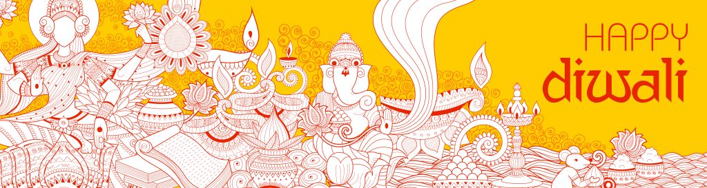 Ein Banner mit der Aufschrift happy Diwali. Zu sehen sind unter anderem die Götter Genesha und Lakshmi.