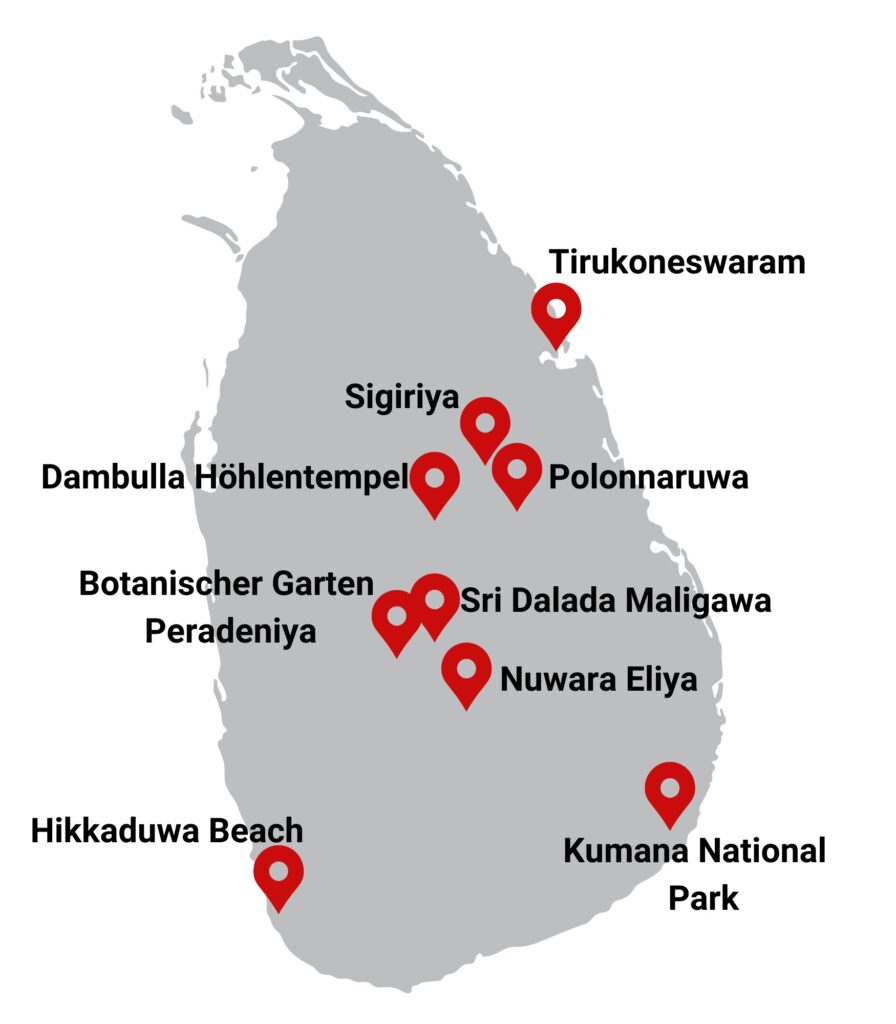 Sri Lankas Sehenswürdigkeiten auf einer Karte im Überblick.