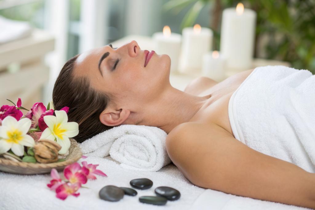 Eine Frau entspannt sich nach der Kräuterstempelmassage