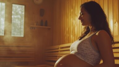 Eine schwangere Frau in der Sauna