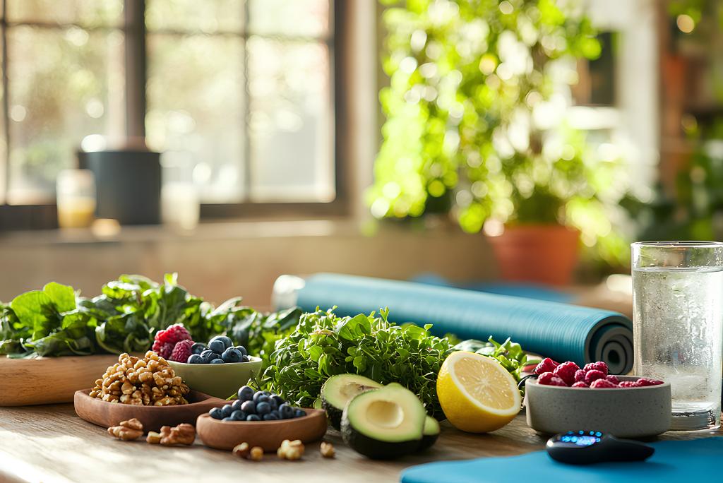 Diverse gesunde Lebensmittel und eine Yogamatte auf einem Tisch